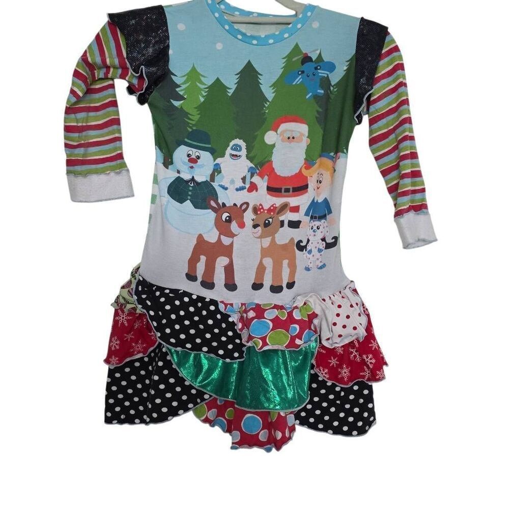 Girl's Size 7-8 Red Green Rudolph Christmas Tiered Ruffle Skirt Dress